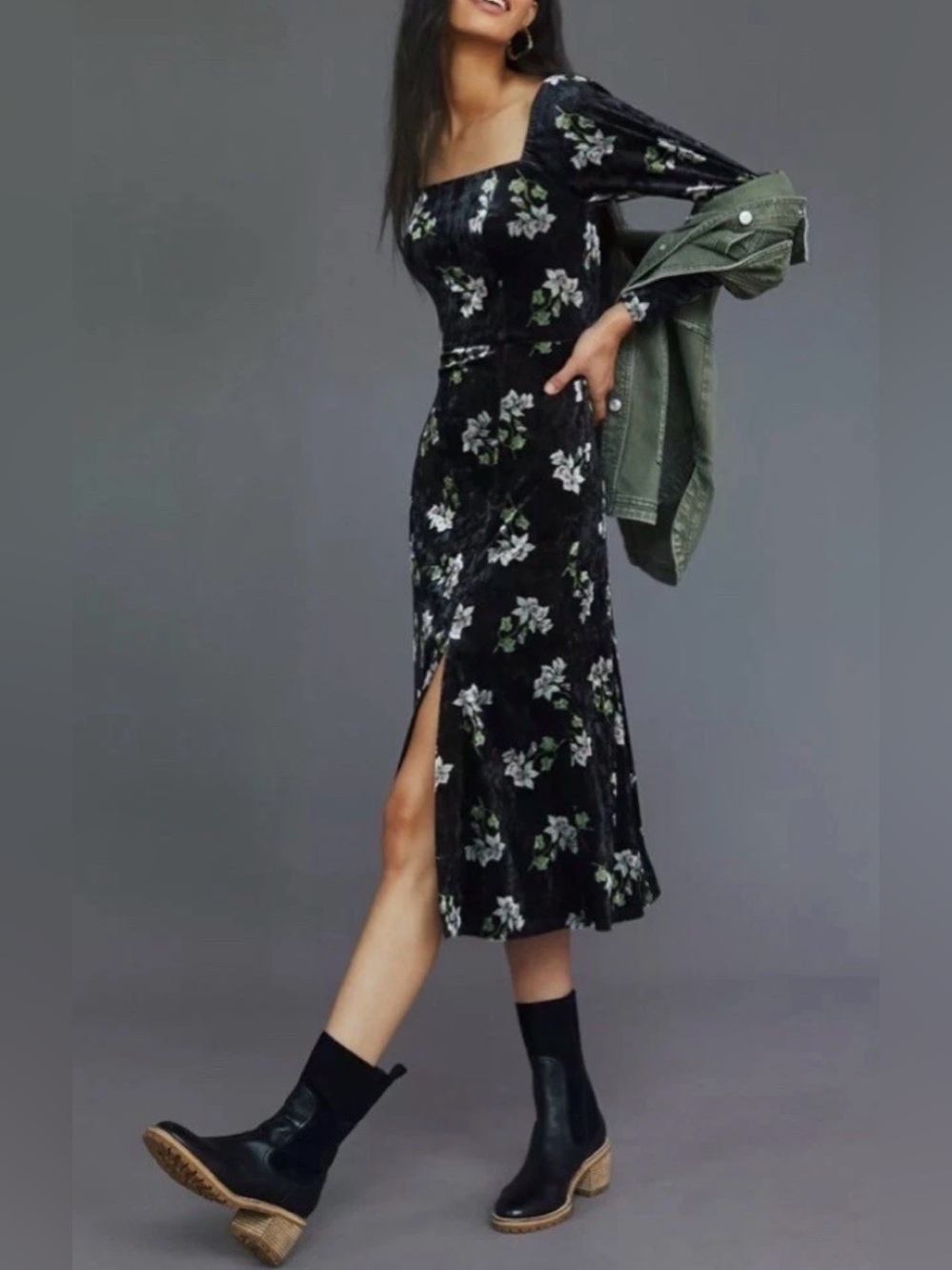 Hutch Anthropologie Velvet Midi Dress Black Floral SmLall Petite NWT $198